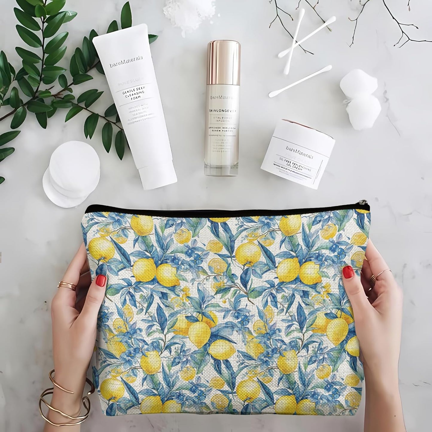 Blue Floral Bow Lemon Makeup Bag, Lemon Themed Gifts Cosmetic Bag for Women, Preppy Girly Summer Fruits Makeup Pouch,B104