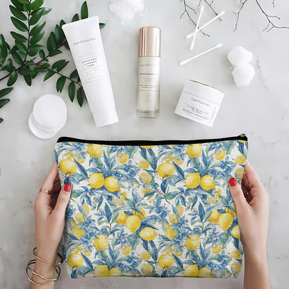 Blue Floral Bow Lemon Makeup Bag, Lemon Themed Gifts Cosmetic Bag for Women, Preppy Girly Summer Fruits Makeup Pouch,B104
