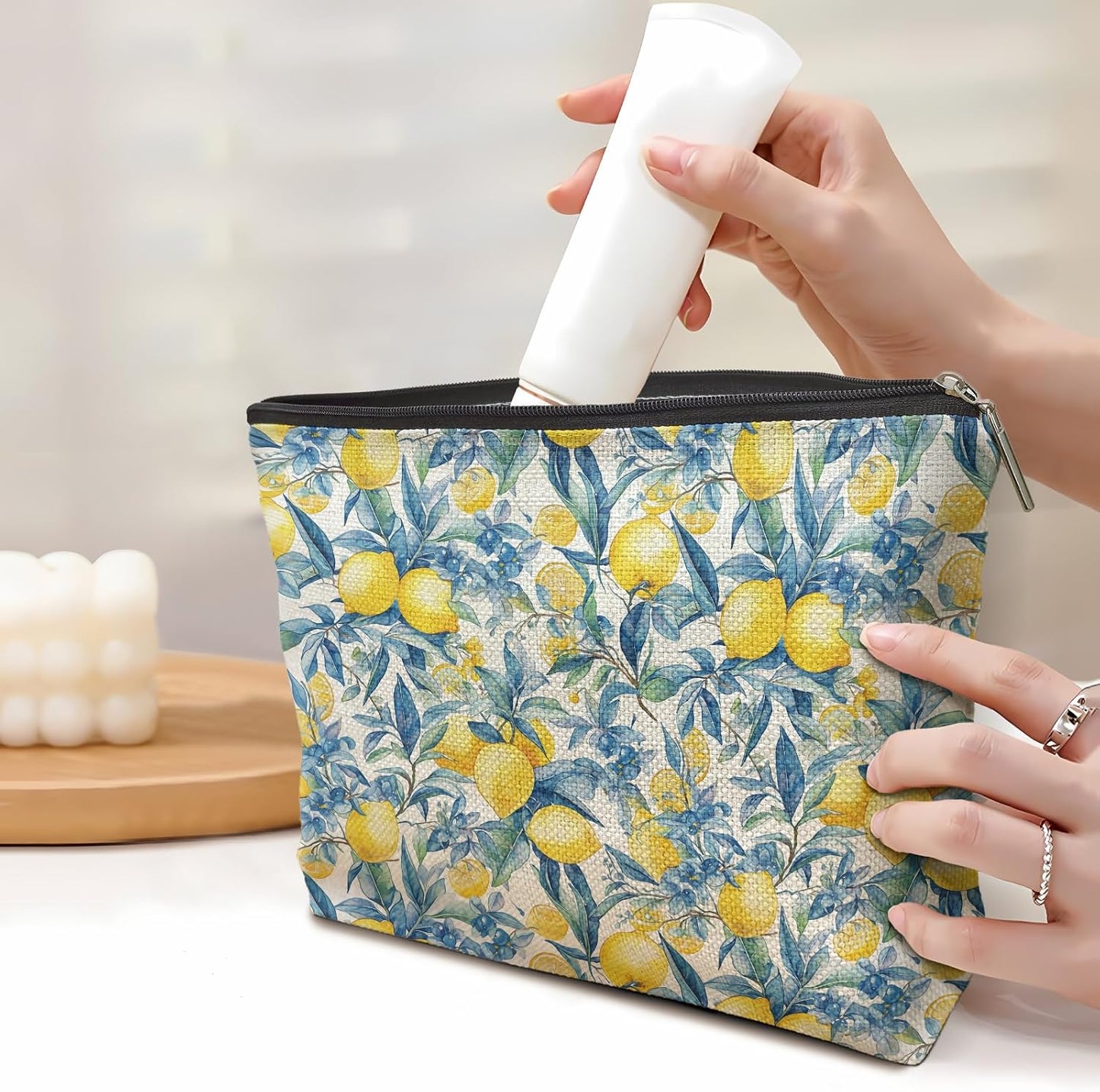 Blue Floral Bow Lemon Makeup Bag, Lemon Themed Gifts Cosmetic Bag for Women, Preppy Girly Summer Fruits Makeup Pouch,B104