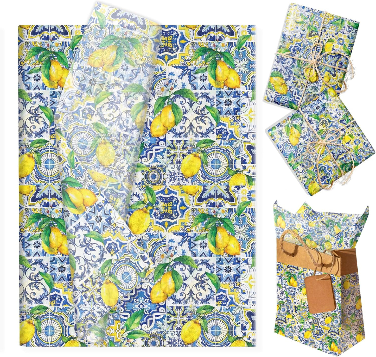 50 Sheets Capri Lemon Tissue Wrapping Paper, Blue Mediterranean Tile Yellow Lemon Printed Gift Wrapping Paper, 14 x 20 Inch Summer Fruit Themed Tissue Paper for Birthday Party, Baby Shower, Wedding