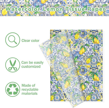 50 Sheets Capri Lemon Tissue Wrapping Paper, Blue Mediterranean Tile Yellow Lemon Printed Gift Wrapping Paper, 14 x 20 Inch Summer Fruit Themed Tissue Paper for Birthday Party, Baby Shower, Wedding
