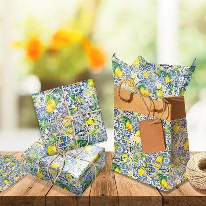50 Sheets Capri Lemon Tissue Wrapping Paper, Blue Mediterranean Tile Yellow Lemon Printed Gift Wrapping Paper, 14 x 20 Inch Summer Fruit Themed Tissue Paper for Birthday Party, Baby Shower, Wedding
