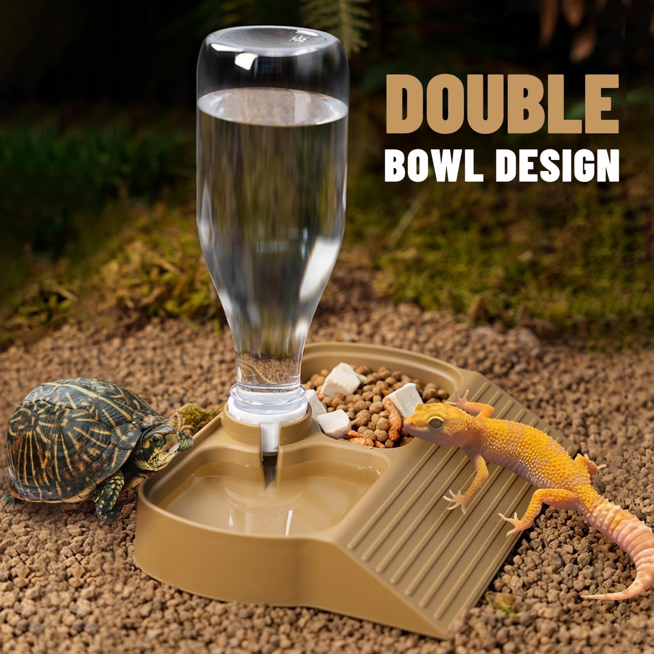 Reptile Water Dispenser Automatic Bottle Climbing Slope Food and Water Double Bowls Feeding Accessories for Turtles Bearded Dragons Lizards Geckos Snakes Brownish Yellow