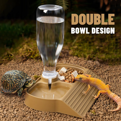 Reptile Water Dispenser Automatic Bottle Climbing Slope Food and Water Double Bowls Feeding Accessories for Turtles Bearded Dragons Lizards Geckos Snakes Brownish Yellow