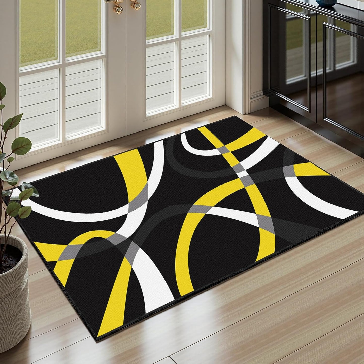 Classical Modern Black and Yellow Stripe Pattern Area Rug for Living Room 3x5 Outdoor Rug Non Slip&Non-Shedding Low Pile Indoor Large Carpets for Bedroom, Dining Room, Home Office, Bathroom