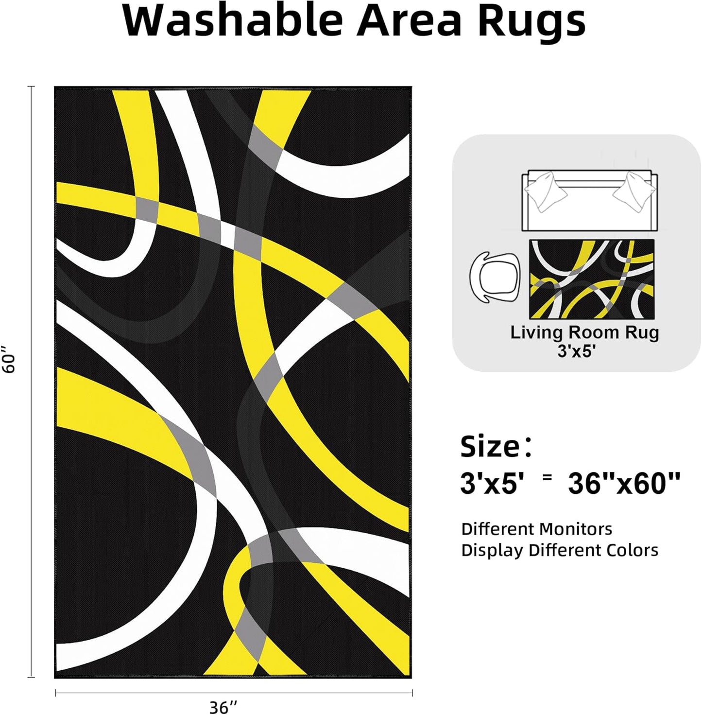 Classical Modern Black and Yellow Stripe Pattern Area Rug for Living Room 3x5 Outdoor Rug Non Slip&Non-Shedding Low Pile Indoor Large Carpets for Bedroom, Dining Room, Home Office, Bathroom