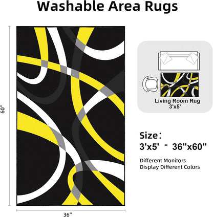 Classical Modern Black and Yellow Stripe Pattern Area Rug for Living Room 3x5 Outdoor Rug Non Slip&Non-Shedding Low Pile Indoor Large Carpets for Bedroom, Dining Room, Home Office, Bathroom