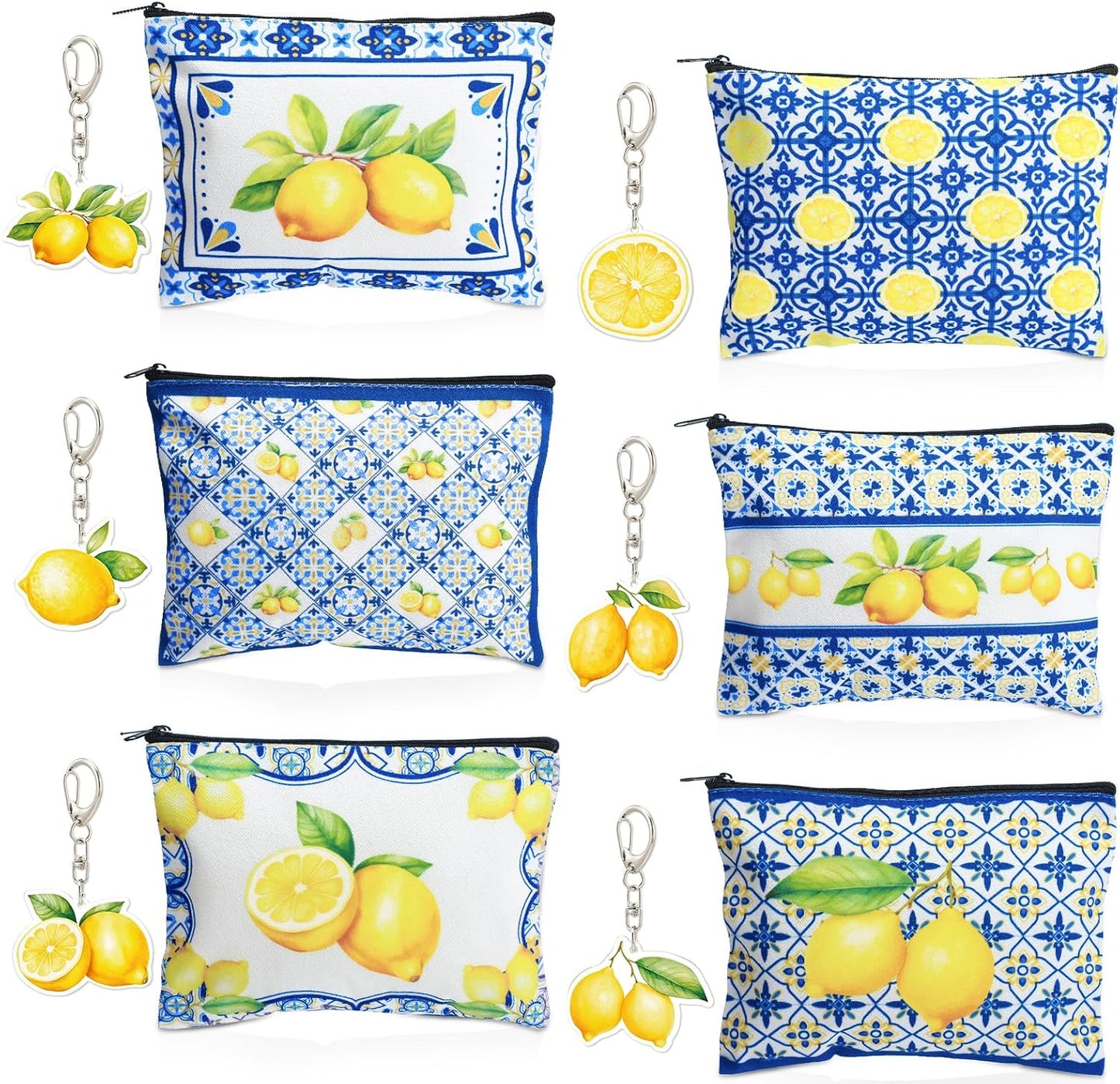 6 Sets Italian Lemons Makeup Bags, Amalfi Coast Cosmetic Bag with Keychains Romantic Lemon Themed Canvas Makeup Bags Travel Pouch Souvenir Gifts for Women Girls Bachelorette Besties Bridesmaid