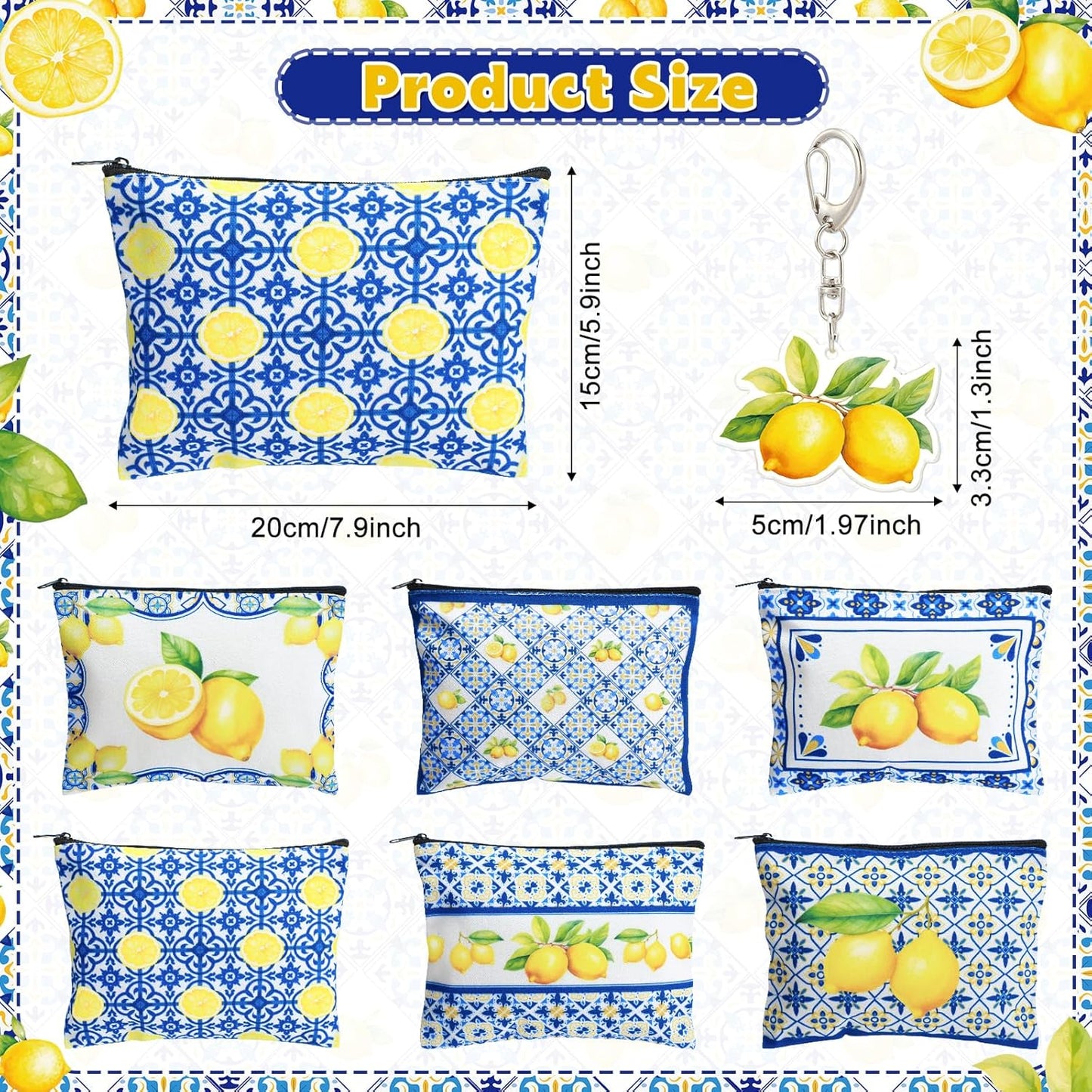 6 Sets Italian Lemons Makeup Bags, Amalfi Coast Cosmetic Bag with Keychains Romantic Lemon Themed Canvas Makeup Bags Travel Pouch Souvenir Gifts for Women Girls Bachelorette Besties Bridesmaid