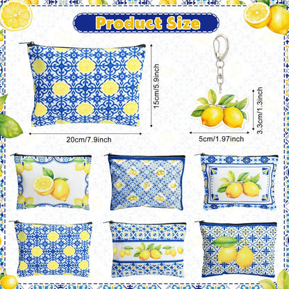 6 Sets Italian Lemons Makeup Bags, Amalfi Coast Cosmetic Bag with Keychains Romantic Lemon Themed Canvas Makeup Bags Travel Pouch Souvenir Gifts for Women Girls Bachelorette Besties Bridesmaid