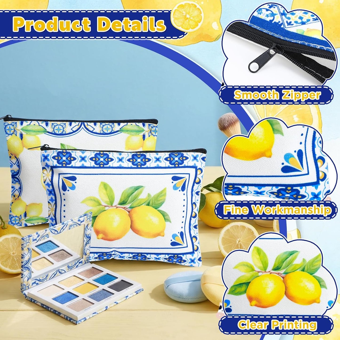 6 Sets Italian Lemons Makeup Bags, Amalfi Coast Cosmetic Bag with Keychains Romantic Lemon Themed Canvas Makeup Bags Travel Pouch Souvenir Gifts for Women Girls Bachelorette Besties Bridesmaid