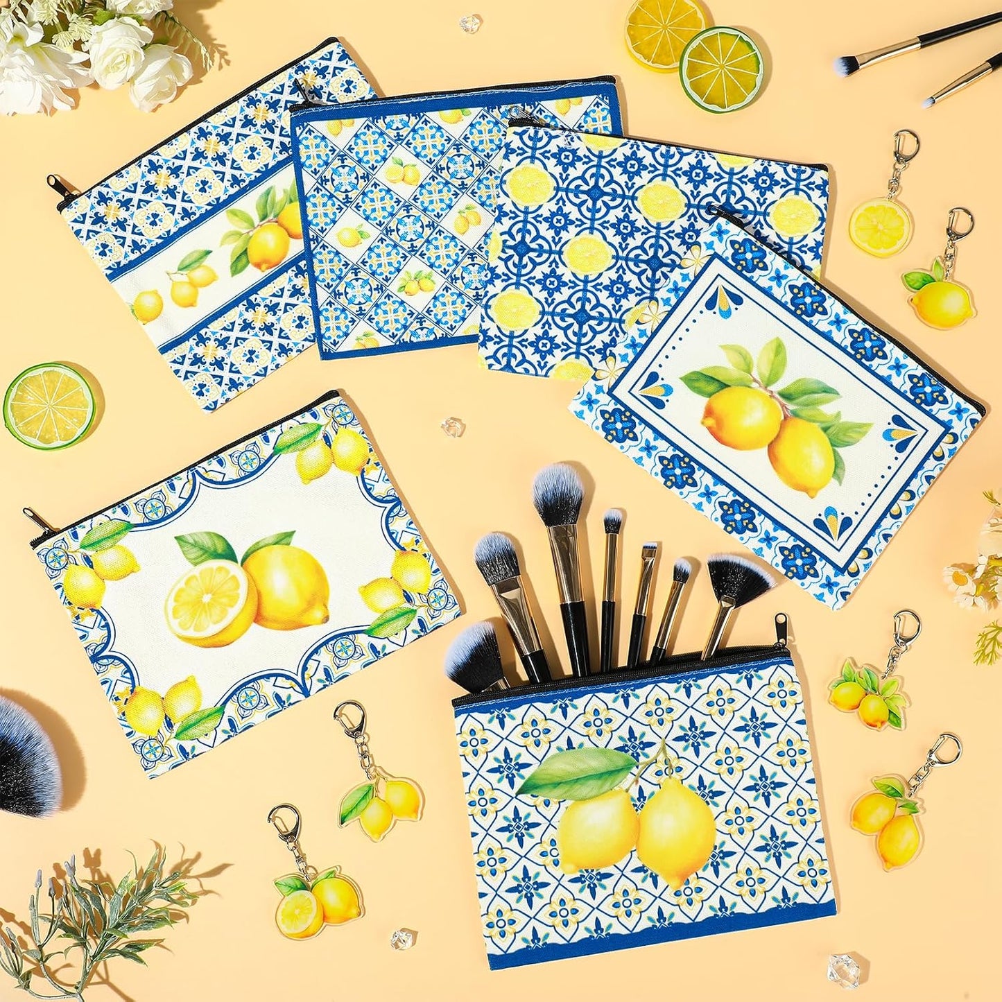 6 Sets Italian Lemons Makeup Bags, Amalfi Coast Cosmetic Bag with Keychains Romantic Lemon Themed Canvas Makeup Bags Travel Pouch Souvenir Gifts for Women Girls Bachelorette Besties Bridesmaid