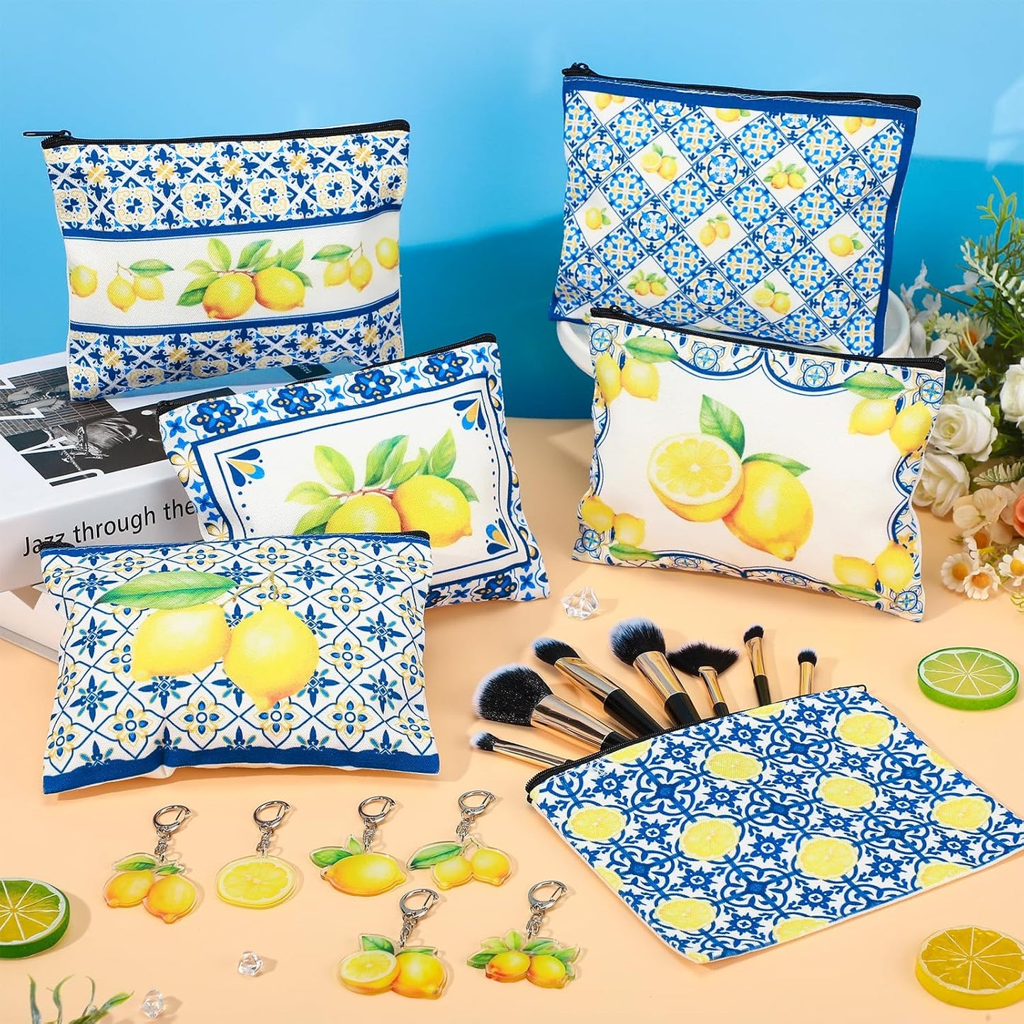 6 Sets Italian Lemons Makeup Bags, Amalfi Coast Cosmetic Bag with Keychains Romantic Lemon Themed Canvas Makeup Bags Travel Pouch Souvenir Gifts for Women Girls Bachelorette Besties Bridesmaid
