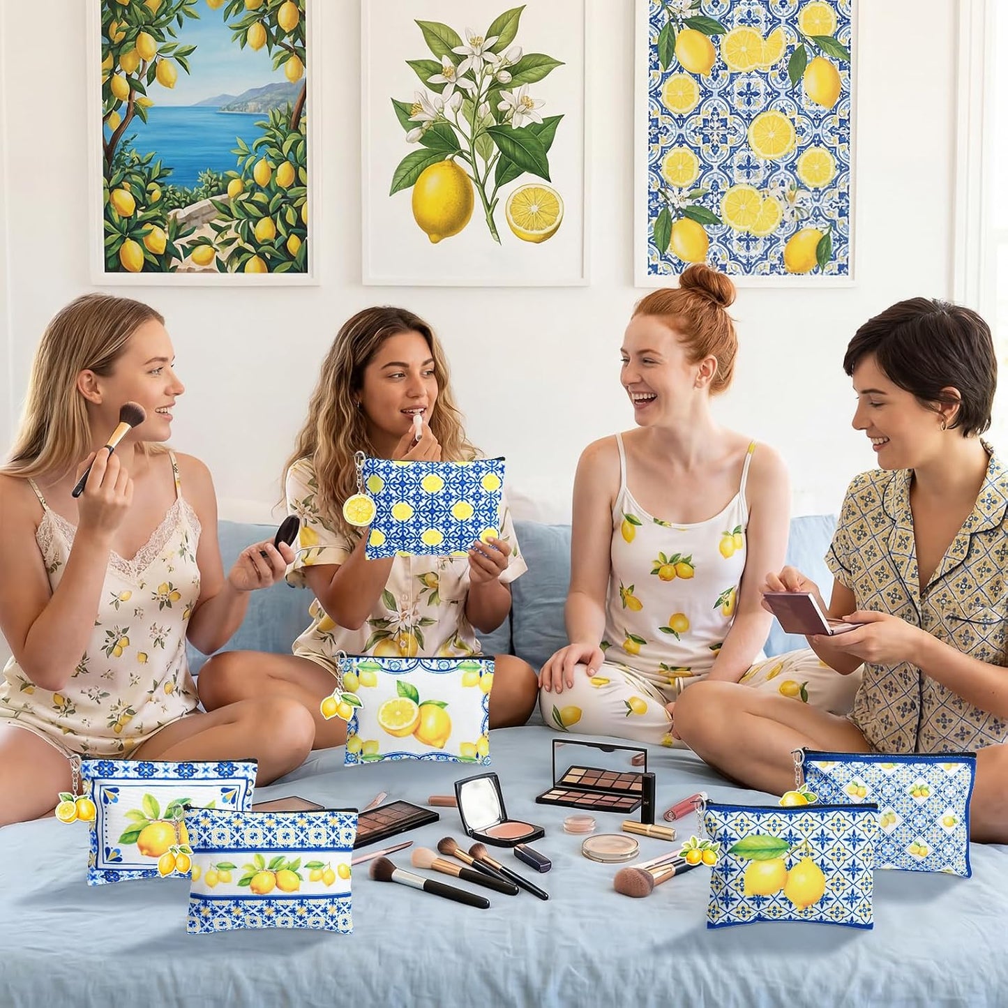 6 Sets Italian Lemons Makeup Bags, Amalfi Coast Cosmetic Bag with Keychains Romantic Lemon Themed Canvas Makeup Bags Travel Pouch Souvenir Gifts for Women Girls Bachelorette Besties Bridesmaid