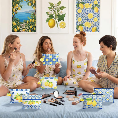 6 Sets Italian Lemons Makeup Bags, Amalfi Coast Cosmetic Bag with Keychains Romantic Lemon Themed Canvas Makeup Bags Travel Pouch Souvenir Gifts for Women Girls Bachelorette Besties Bridesmaid