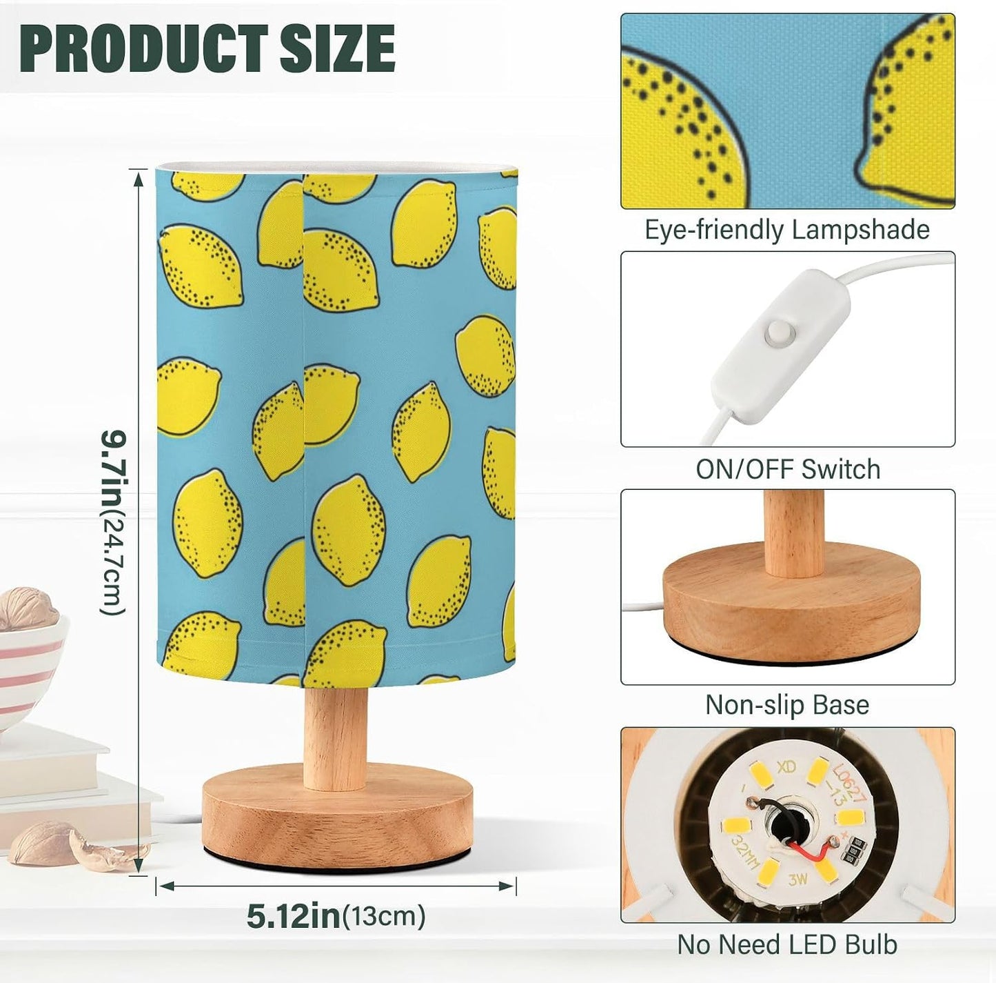 Bedside Table Lamp Lemon Yellow Citrus Fruits (94) Kids Nightstand Lamp Night Light Fabric Shade for Bedroom Living Room Home Office