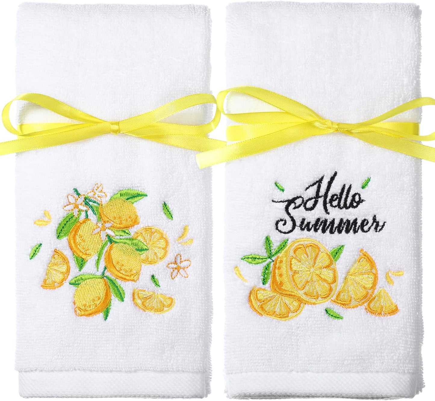 2 Pack Lemon Hand Towels Cotton Embroidered 13.7'' x 29.5'' Spring Lemon Yellow Hand Towel Bathroom Decorations with Ribbon Summer Fruit Kitchen Dish Towels Set for Drying Cleaning (Fruit)