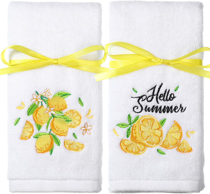 2 Pack Lemon Hand Towels Cotton Embroidered 13.7'' x 29.5'' Spring Lemon Yellow Hand Towel Bathroom Decorations with Ribbon Summer Fruit Kitchen Dish Towels Set for Drying Cleaning (Fruit)