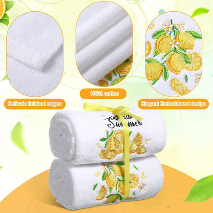 2 Pack Lemon Hand Towels Cotton Embroidered 13.7'' x 29.5'' Spring Lemon Yellow Hand Towel Bathroom Decorations with Ribbon Summer Fruit Kitchen Dish Towels Set for Drying Cleaning (Fruit)