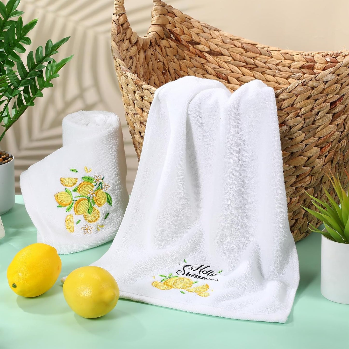 2 Pack Lemon Hand Towels Cotton Embroidered 13.7'' x 29.5'' Spring Lemon Yellow Hand Towel Bathroom Decorations with Ribbon Summer Fruit Kitchen Dish Towels Set for Drying Cleaning (Fruit)