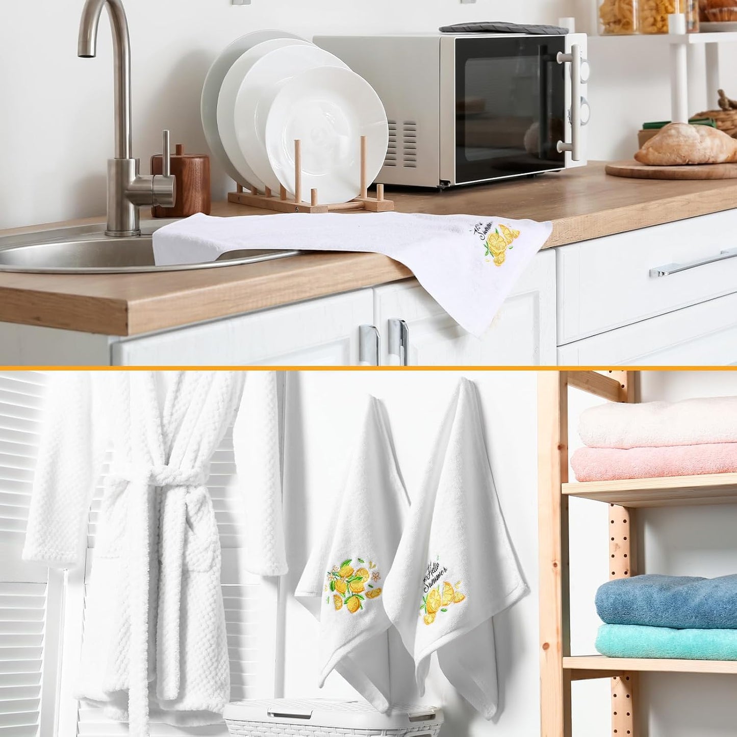 2 Pack Lemon Hand Towels Cotton Embroidered 13.7'' x 29.5'' Spring Lemon Yellow Hand Towel Bathroom Decorations with Ribbon Summer Fruit Kitchen Dish Towels Set for Drying Cleaning (Fruit)