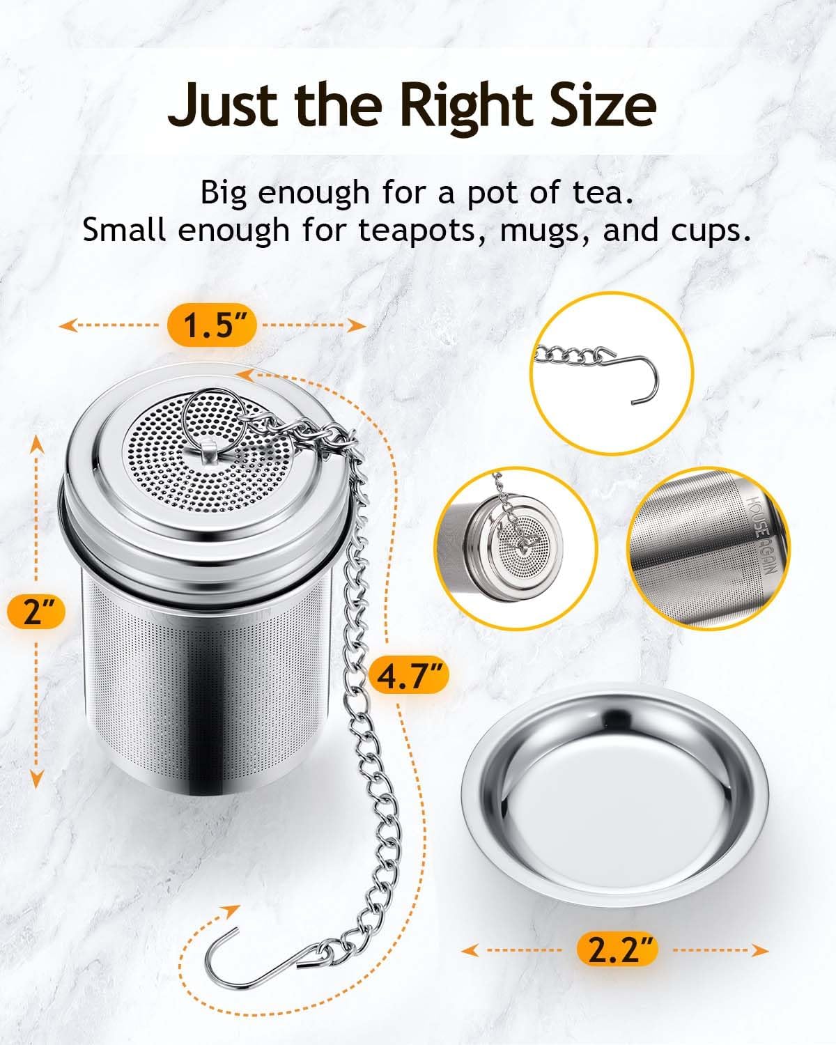 Tea Infuser, Extra Fine Mesh Tea Infusers for Loose Tea, 18/8 Stainless Steel Tea Strainer with Extended Chain Hook, Tea Steeper for Brew Tea, Spices & Seasonings Small × 2