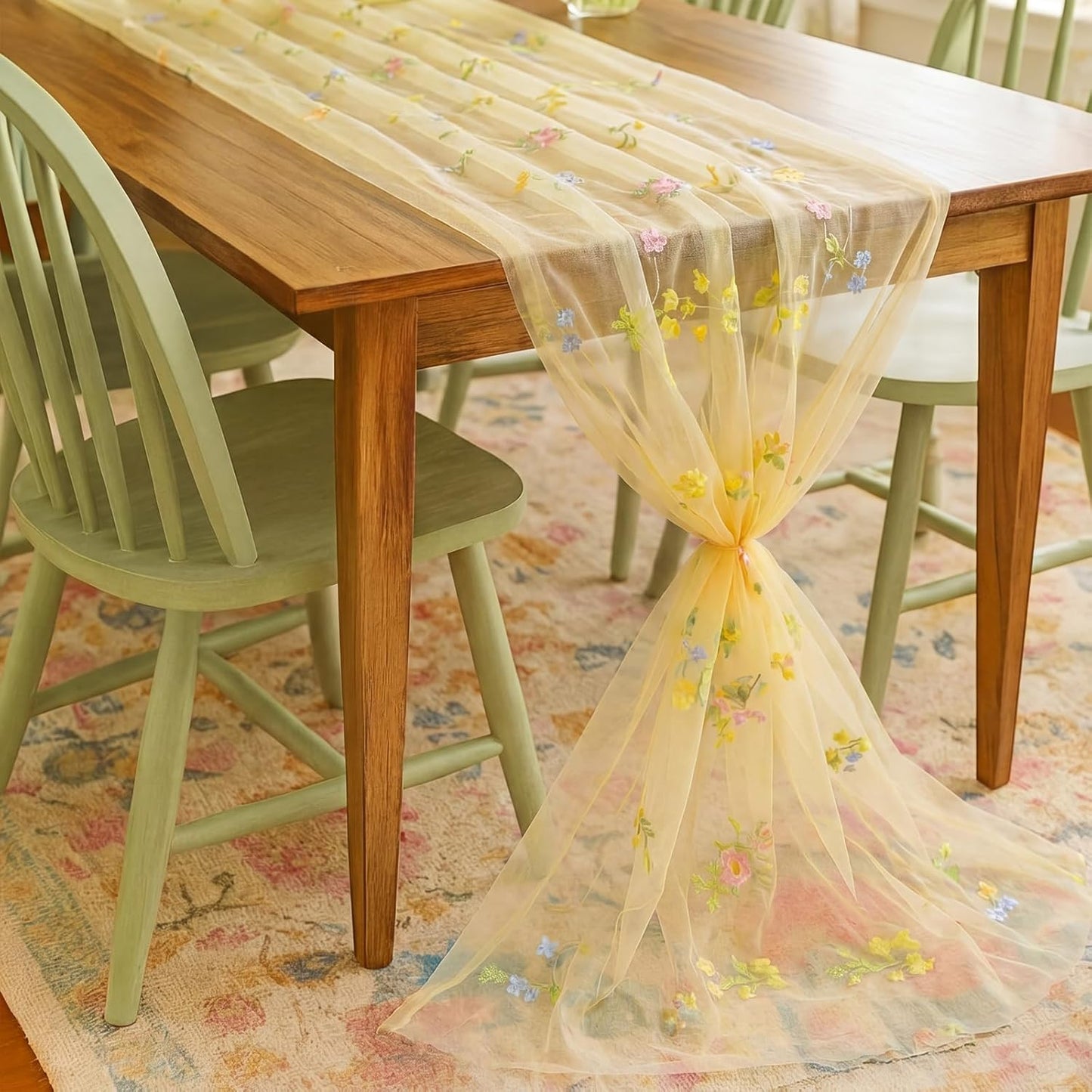 Yellow Wildflower Table Runner 10ft Embroidery Tulle Spring Floral Table Runner Seasonal Summer Butterfly Kitchen Dining Gauze Decoration for Wedding Baby Shower Birthday Party
