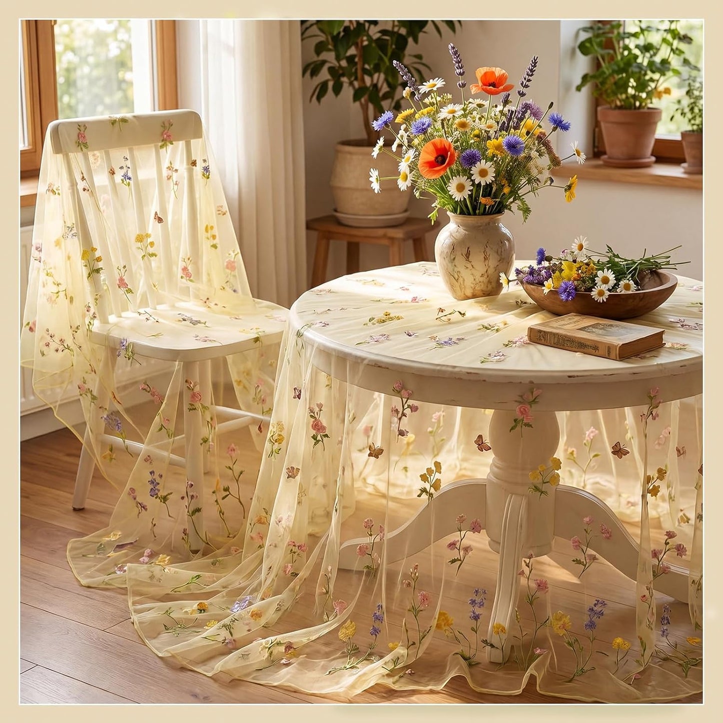 Yellow Wildflower Table Runner 10ft Embroidery Tulle Spring Floral Table Runner Seasonal Summer Butterfly Kitchen Dining Gauze Decoration for Wedding Baby Shower Birthday Party