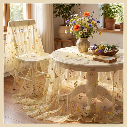 Yellow Wildflower Table Runner 10ft Embroidery Tulle Spring Floral Table Runner Seasonal Summer Butterfly Kitchen Dining Gauze Decoration for Wedding Baby Shower Birthday Party
