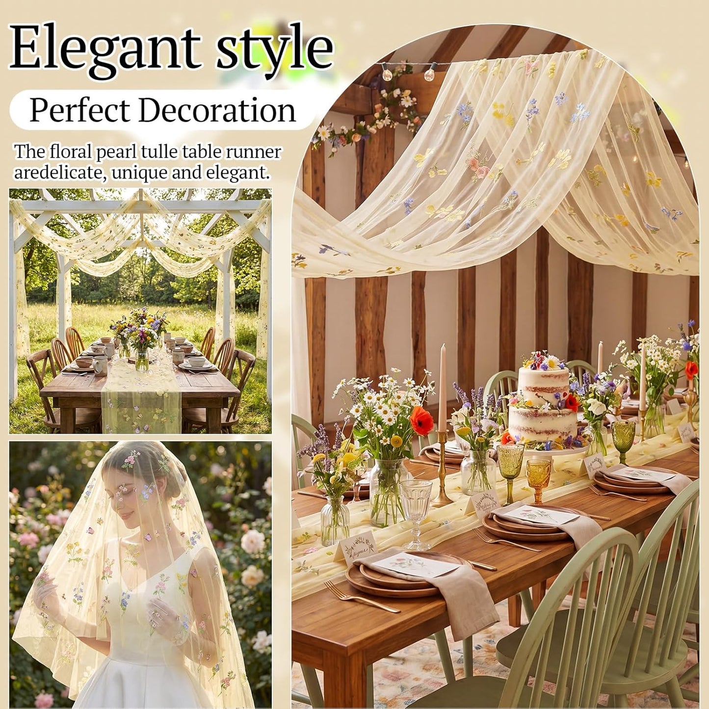 Yellow Wildflower Table Runner 10ft Embroidery Tulle Spring Floral Table Runner Seasonal Summer Butterfly Kitchen Dining Gauze Decoration for Wedding Baby Shower Birthday Party