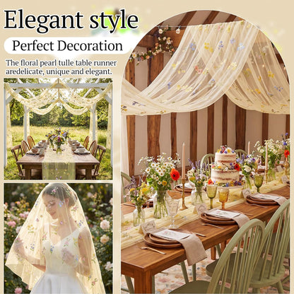 Yellow Wildflower Table Runner 10ft Embroidery Tulle Spring Floral Table Runner Seasonal Summer Butterfly Kitchen Dining Gauze Decoration for Wedding Baby Shower Birthday Party