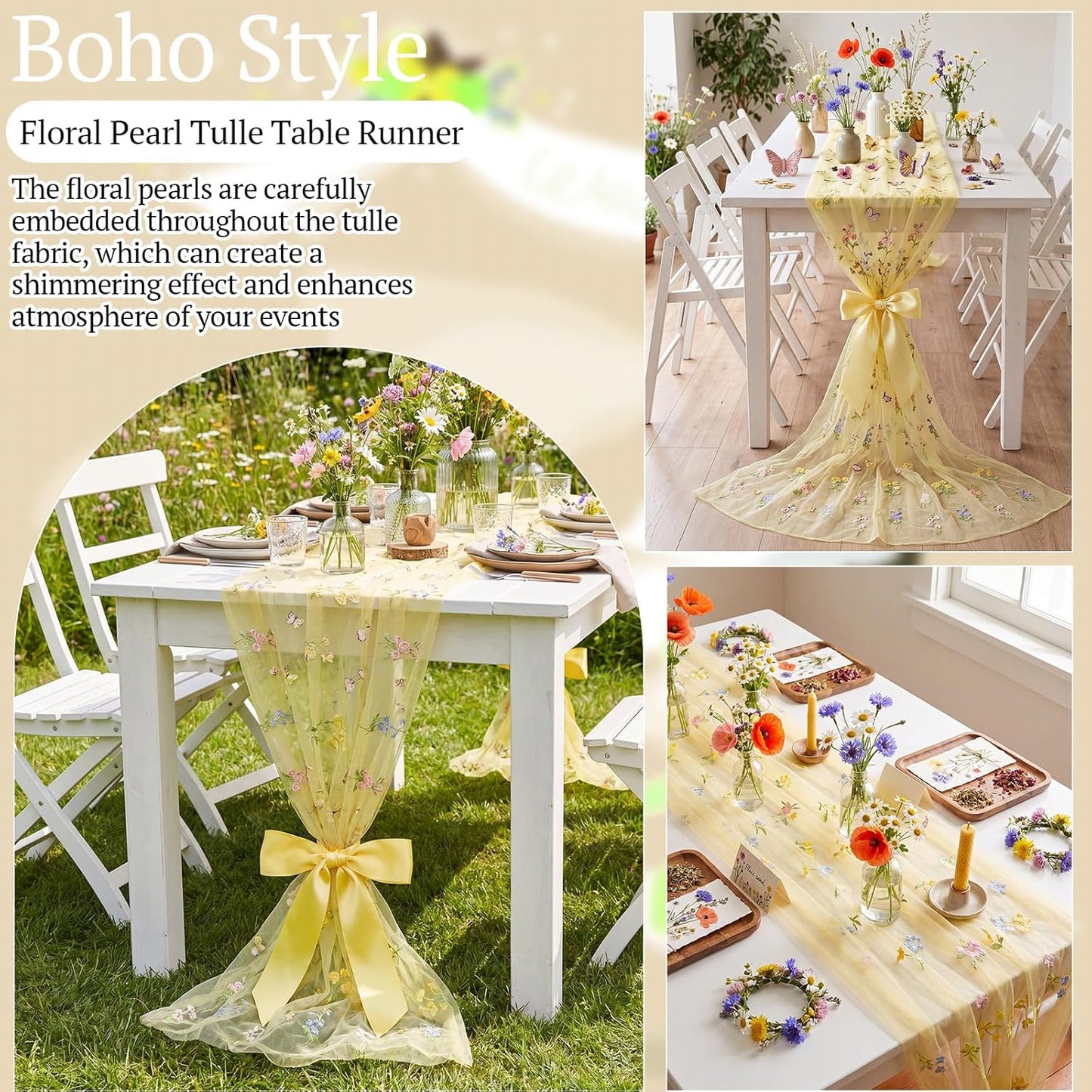 Yellow Wildflower Table Runner 10ft Embroidery Tulle Spring Floral Table Runner Seasonal Summer Butterfly Kitchen Dining Gauze Decoration for Wedding Baby Shower Birthday Party