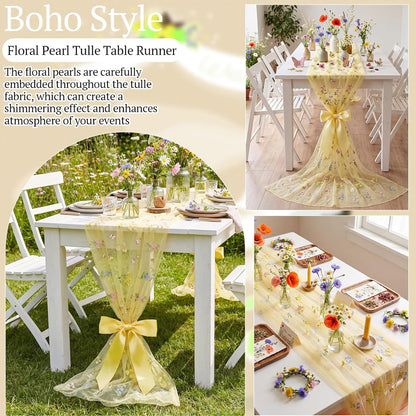 Yellow Wildflower Table Runner 10ft Embroidery Tulle Spring Floral Table Runner Seasonal Summer Butterfly Kitchen Dining Gauze Decoration for Wedding Baby Shower Birthday Party