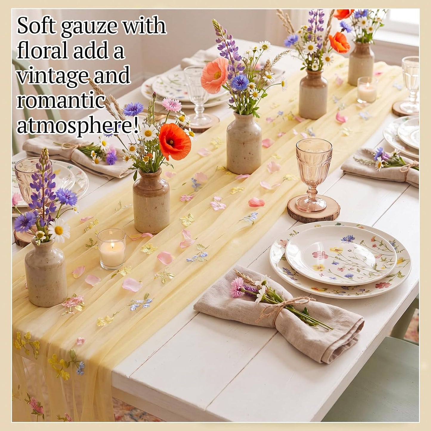 Yellow Wildflower Table Runner 10ft Embroidery Tulle Spring Floral Table Runner Seasonal Summer Butterfly Kitchen Dining Gauze Decoration for Wedding Baby Shower Birthday Party