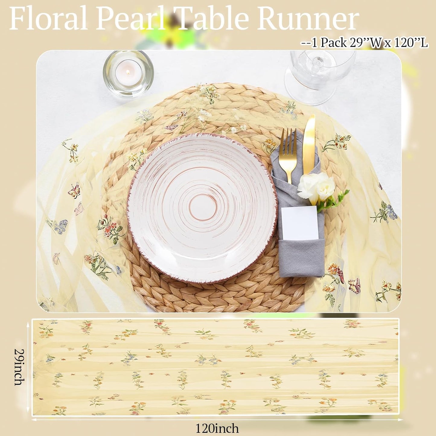 Yellow Wildflower Table Runner 10ft Embroidery Tulle Spring Floral Table Runner Seasonal Summer Butterfly Kitchen Dining Gauze Decoration for Wedding Baby Shower Birthday Party