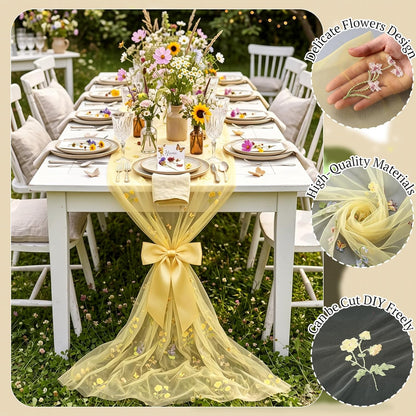 Yellow Wildflower Table Runner 10ft Embroidery Tulle Spring Floral Table Runner Seasonal Summer Butterfly Kitchen Dining Gauze Decoration for Wedding Baby Shower Birthday Party