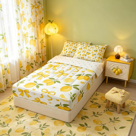 Bow Tie Lemon Full Size Zipper Bedding Set,Yellow Bowknot Comforter Sets for Kids Bedroom Decor,Tropical Fruit Cartoon Flowers Bed Quilt,Orange White Room Decor 4 Pcs Bedding Set for Teens