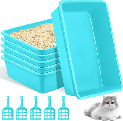 5 Pcs Open Cat Litter Box Kitten Litter Pan with 5 Scooper Medium Plastic Pet Tray Durable Nonstick Kitten Box for Indoor Pets Cats Rabbit Supply Easy to Clean, 14.6x10.6x3.4 Inch (Blue)