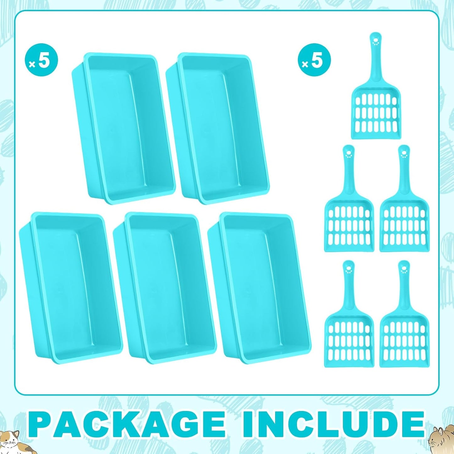 5 Pcs Open Cat Litter Box Kitten Litter Pan with 5 Scooper Medium Plastic Pet Tray Durable Nonstick Kitten Box for Indoor Pets Cats Rabbit Supply Easy to Clean, 14.6x10.6x3.4 Inch (Blue)