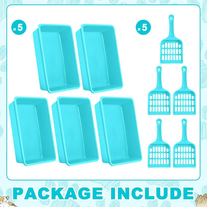 5 Pcs Open Cat Litter Box Kitten Litter Pan with 5 Scooper Medium Plastic Pet Tray Durable Nonstick Kitten Box for Indoor Pets Cats Rabbit Supply Easy to Clean, 14.6x10.6x3.4 Inch (Blue)
