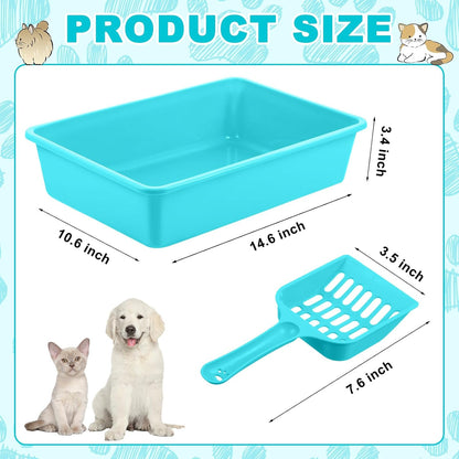 5 Pcs Open Cat Litter Box Kitten Litter Pan with 5 Scooper Medium Plastic Pet Tray Durable Nonstick Kitten Box for Indoor Pets Cats Rabbit Supply Easy to Clean, 14.6x10.6x3.4 Inch (Blue)