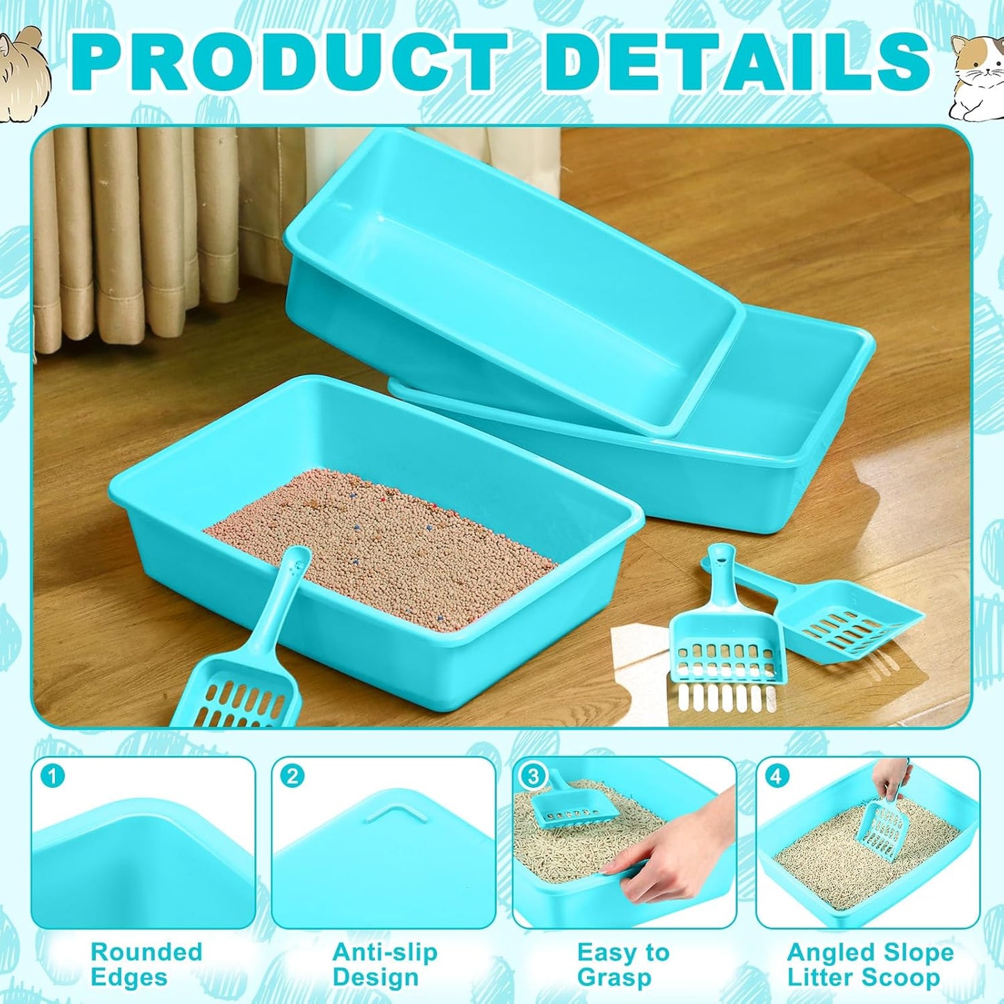 5 Pcs Open Cat Litter Box Kitten Litter Pan with 5 Scooper Medium Plastic Pet Tray Durable Nonstick Kitten Box for Indoor Pets Cats Rabbit Supply Easy to Clean, 14.6x10.6x3.4 Inch (Blue)