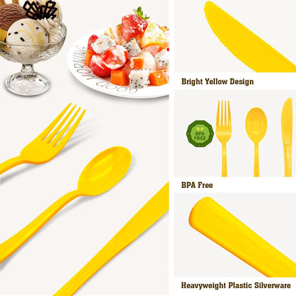 150 Pack Yellow Plastic Silverware, Yellow Utensils Include 50 Plastic Forks 50 Spoons 50 Knives for Birthday Party, Wedding, Picnic