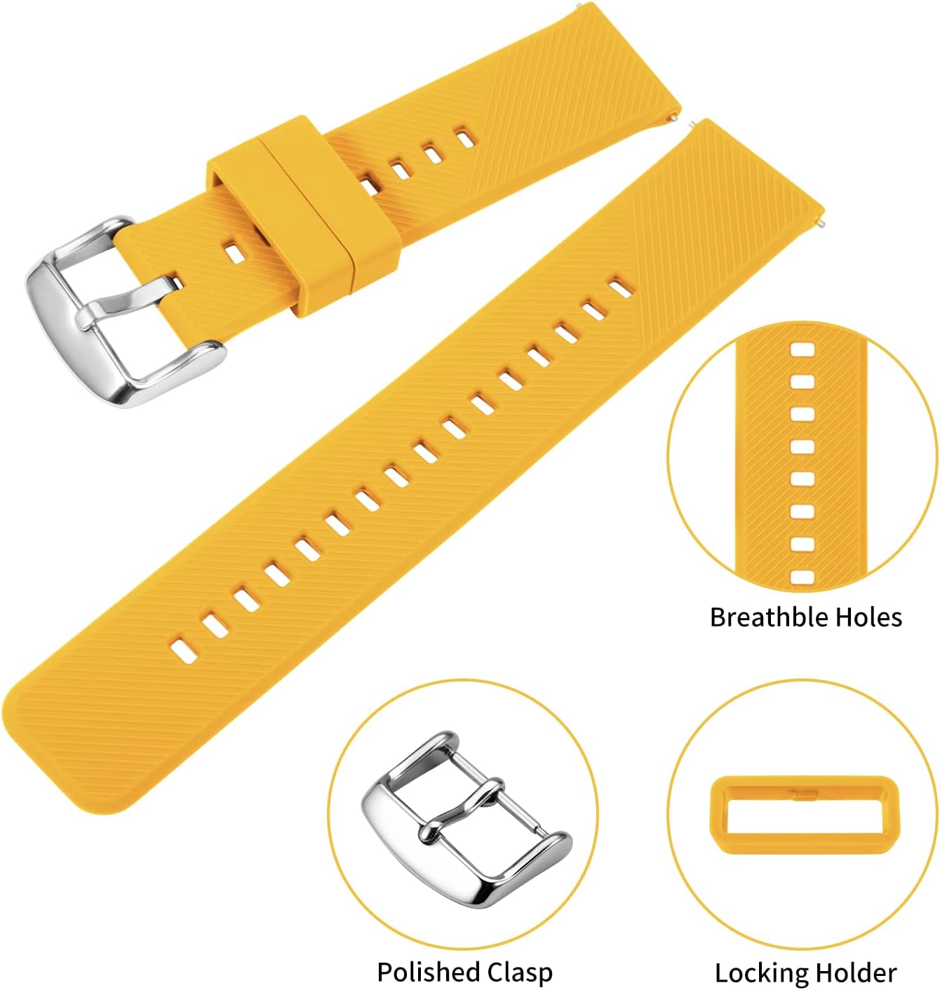 Silicone Watch Bands Rubber - Yellow Quick Release Watch Straps Soft - Waterproof Military Watch Strap for Men Women - for Smart Watches Bracelet Replacement 18mm 19mm 20mm 21mm 22mm