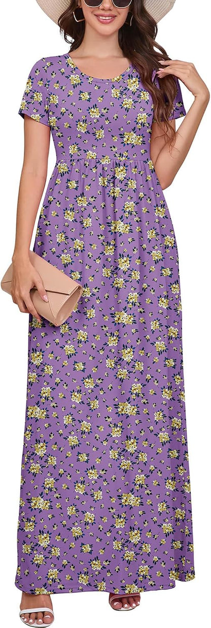 Maxi Dress for Women Short Sleeve Casual Summer Loose Plain Comfy Long Dresses with Pockets