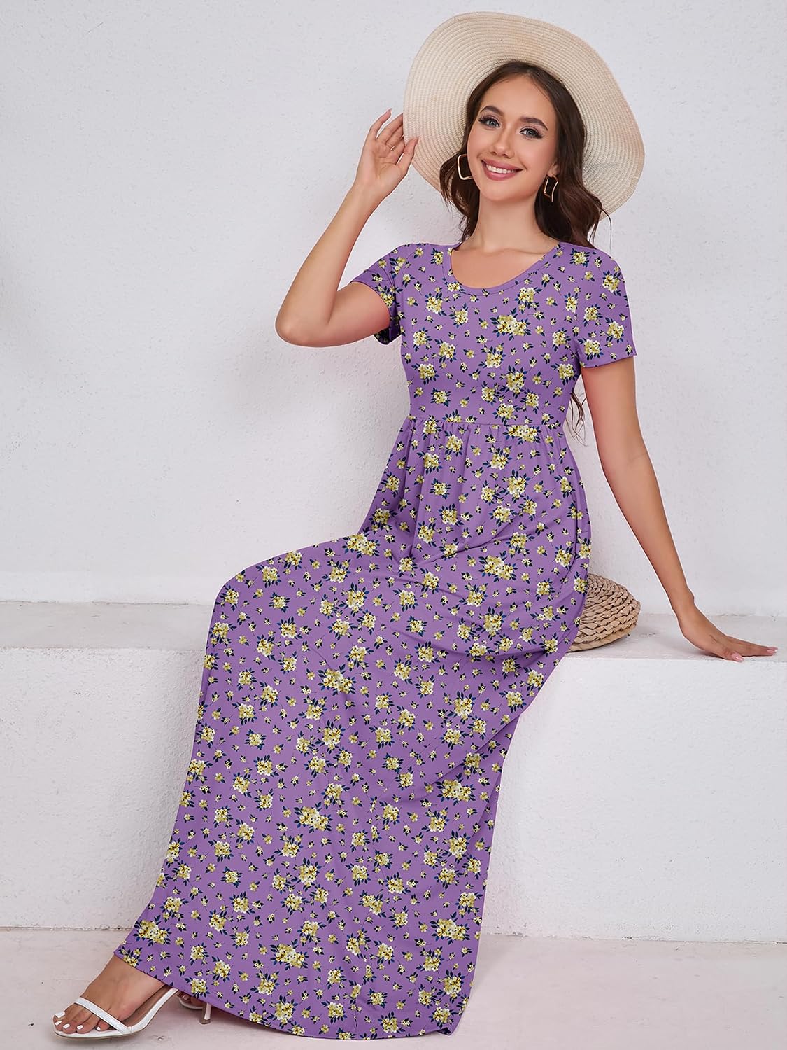 Maxi Dress for Women Short Sleeve Casual Summer Loose Plain Comfy Long Dresses with Pockets