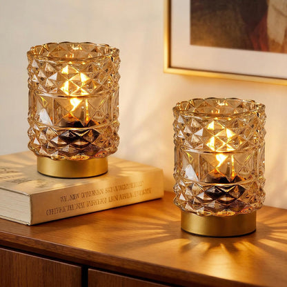 Battery Operated Lamp with Timer, Cordless Table Lamps for Shelf Decor, Rhombus Texture Aesthetic Crystal Lamp, Small Decorative Lamps for Bedroom/Bathroom/Kitchen/Entryway/Dorm (2 Pack Yellow)