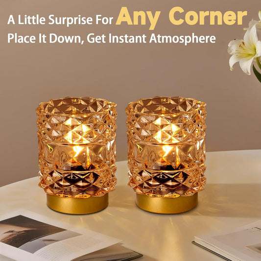 Battery Operated Lamp with Timer, Cordless Table Lamps for Shelf Decor, Rhombus Texture Aesthetic Crystal Lamp, Small Decorative Lamps for Bedroom/Bathroom/Kitchen/Entryway/Dorm (2 Pack Yellow)