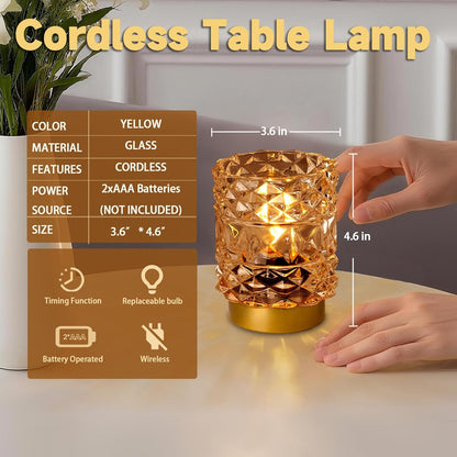 Battery Operated Lamp with Timer, Cordless Table Lamps for Shelf Decor, Rhombus Texture Aesthetic Crystal Lamp, Small Decorative Lamps for Bedroom/Bathroom/Kitchen/Entryway/Dorm (2 Pack Yellow)