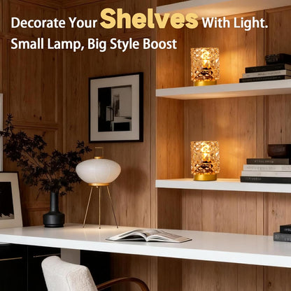 Battery Operated Lamp with Timer, Cordless Table Lamps for Shelf Decor, Rhombus Texture Aesthetic Crystal Lamp, Small Decorative Lamps for Bedroom/Bathroom/Kitchen/Entryway/Dorm (2 Pack Yellow)